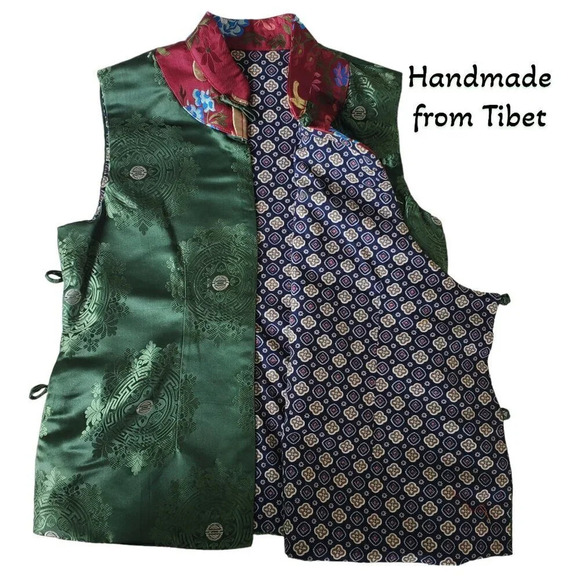 Handmade Tibetan | Women's Silk Vest | Green Damask Red Trim | Small - Picture 6 of 6